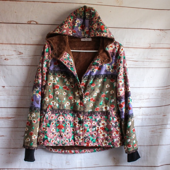 Cellabie Jackets & Blazers - Cellabie Floral Patchwork Fur Lined Hoodie Jacket